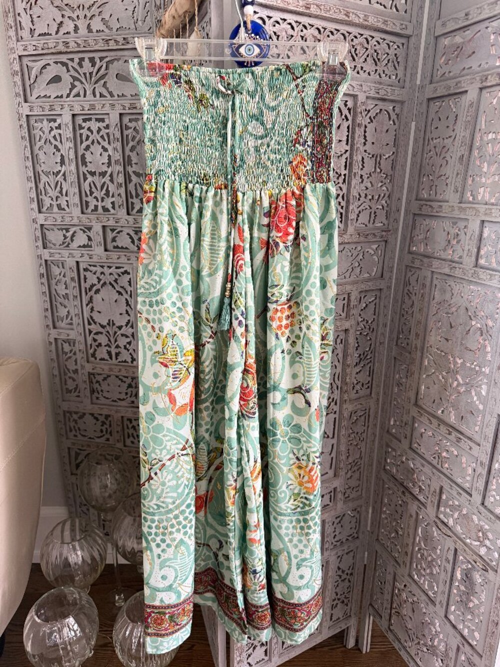 satin boho print wide leg pants